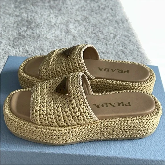 Prada Crochet Flatform Slides Sz 35 Beige Nude Brand New in Box with Receipt - Picture 13 of 16